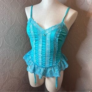 Vintage Turquoise Blue Lace Ruffled Chemise Slip